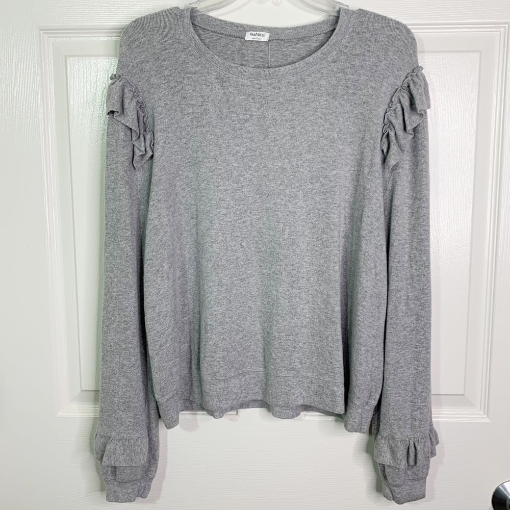 Hello Nite! Crewneck Ruffle Sleeve Ultra Cozy Pullover Top In Heather Grey M/L